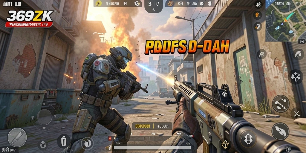 Screenshot utama gameplay 369ZK dengan aksi tembak-menembak intens.