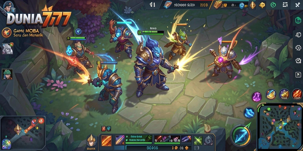 Screenshot dari gameplay DUNIA777 yang menampilkan aksi seru di arena MOBA.
