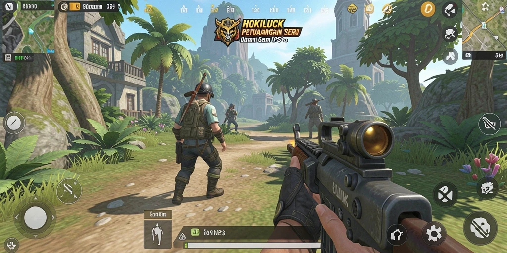 Screenshot utama HOKILUCK menampilkan momen aksi seru dalam gameplay TPS.