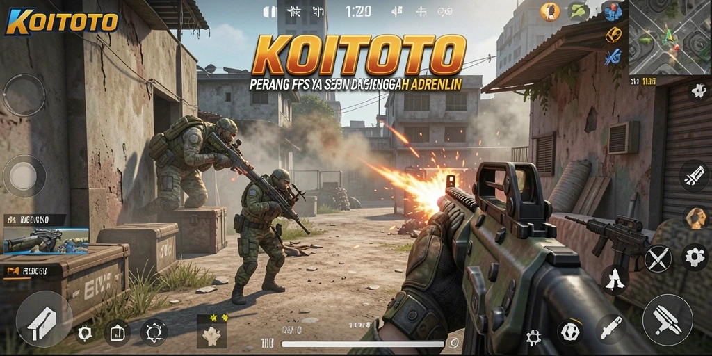Screenshot gameplay KOITOTO menampilkan pertarungan seru di arena FPS.