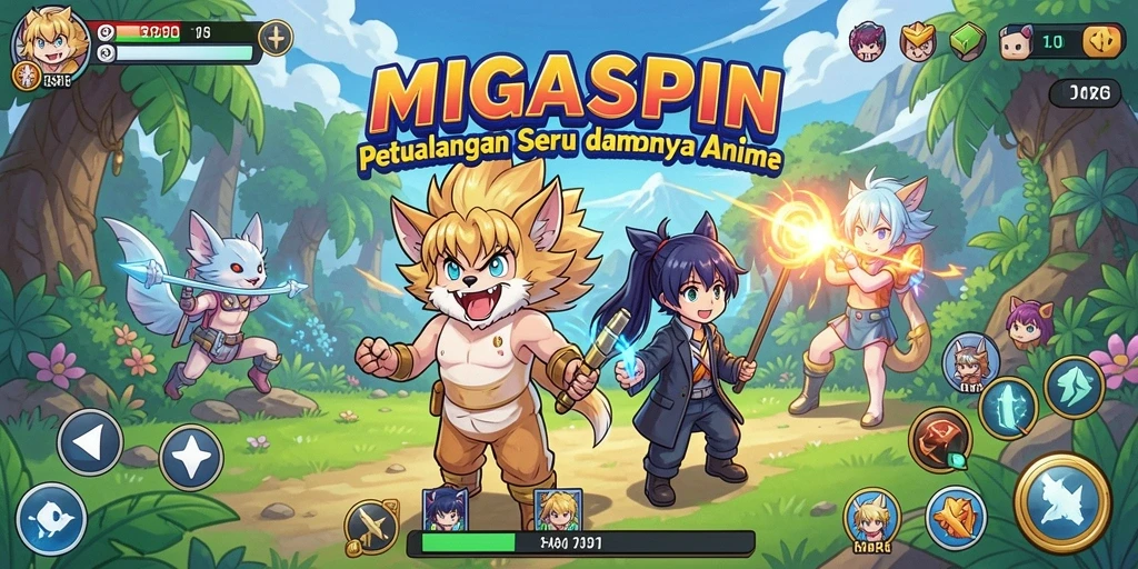 Tangkapan layar dari gameplay <strong>MIGASPIN</strong> yang menampilkan karakter anime dalam aksi.
