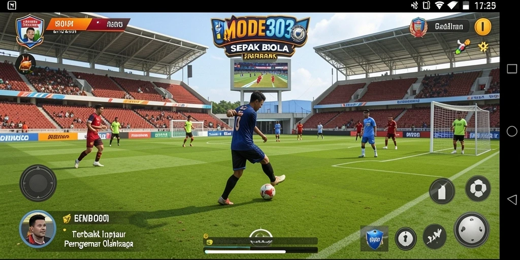 Tangkapan layar gameplay <strong>MODE303</strong>, menunjukkan aksi seru di lapangan sepak bola.