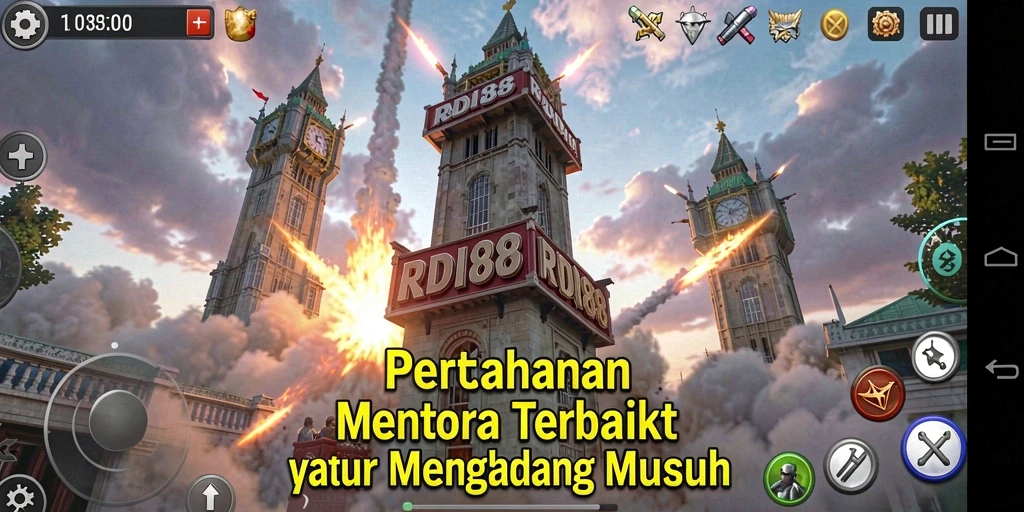 Screenshot RDI88 menampilkan serangan menara melawan gelombang musuh.